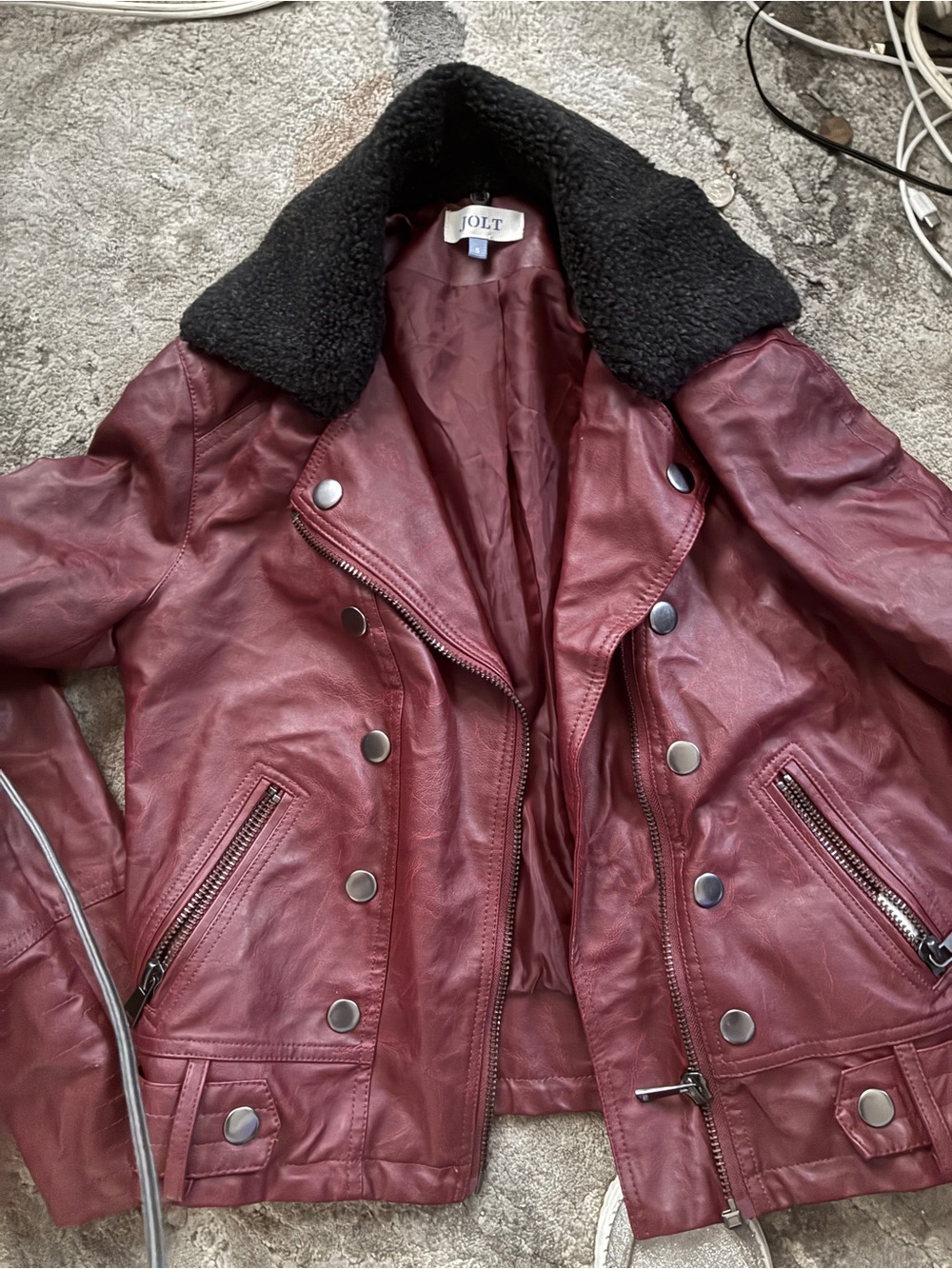 Jolt Women's Burgundy Shearling Collar faux Leather moto Jacket